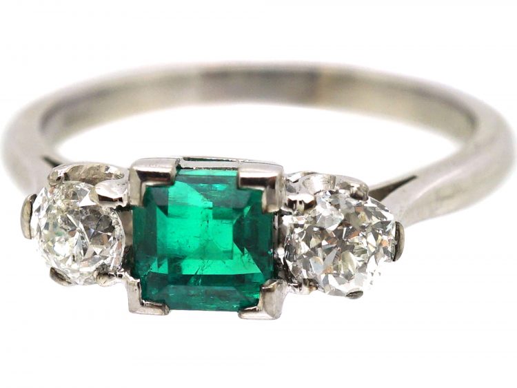 Early 20th Century 18ct White Gold, Emerald & Diamond Three Stone Ring