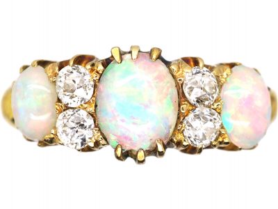Edwardian 18ct Gold Three Stone Opal & Diamond Ring