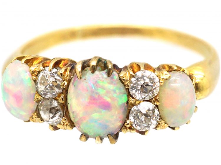Edwardian 18ct Gold Three Stone Opal & Diamond Ring