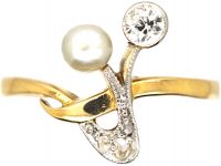 Art Nouveau 18ct Gold & Platinum Flower Sprig Ring set with Diamonds & a Natural Pearl