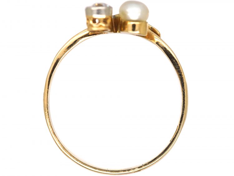 Art Nouveau 18ct Gold & Platinum Flower Sprig Ring set with Diamonds & a Natural Pearl