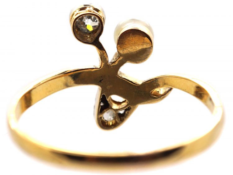 Art Nouveau 18ct Gold & Platinum Flower Sprig Ring set with Diamonds & a Natural Pearl
