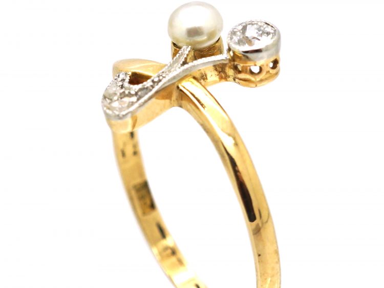 Art Nouveau 18ct Gold & Platinum Flower Sprig Ring set with Diamonds & a Natural Pearl