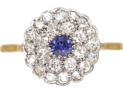 Edwardian 18ct Gold & Platinum, Sapphire & Diamond Cluster Ring