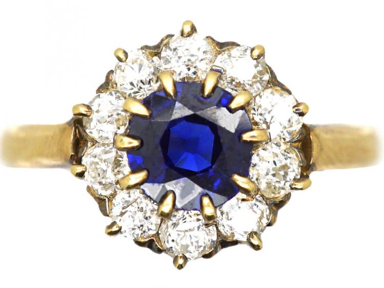 Edwardian 18ct Gold, Sapphire & Diamond Cluster Ring