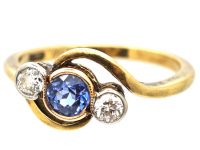 Edwardian 18ct Gold & Platinum, Sapphire & Diamond Three Stone Crossover Ring
