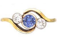 Edwardian 18ct Gold & Platinum, Sapphire & Diamond Three Stone Crossover Ring