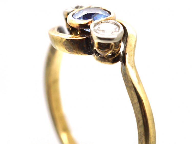 Edwardian 18ct Gold & Platinum, Sapphire & Diamond Three Stone Crossover Ring