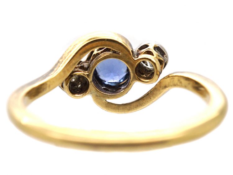 Edwardian 18ct Gold & Platinum, Sapphire & Diamond Three Stone Crossover Ring