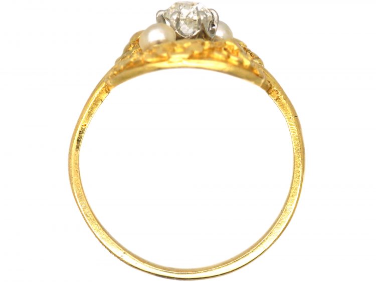 French 18ct Gold Art Nouveau Ring set with a Diamond & Pearls