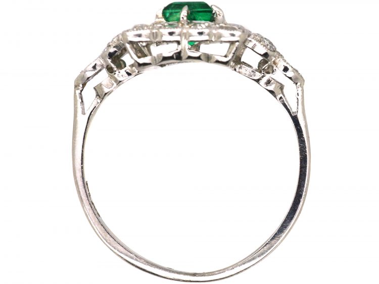 Early 20th Century Platinum, Emerald & Diamond Ring with Diamond Set Shoulders