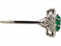 Early 20th Century Platinum, Emerald & Diamond Ring with Diamond Set Shoulders