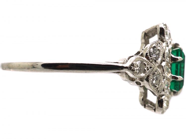 Early 20th Century Platinum, Emerald & Diamond Ring with Diamond Set Shoulders