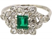Early 20th Century Platinum, Emerald & Diamond Ring with Diamond Set Shoulders