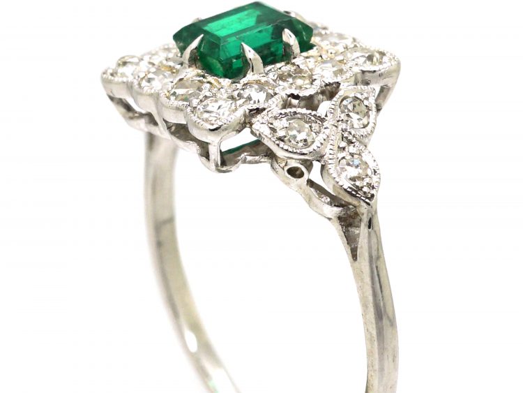 Early 20th Century Platinum, Emerald & Diamond Ring with Diamond Set Shoulders