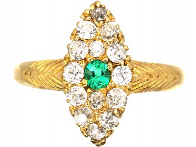 Edwardian 18ct Gold Marquise Ring set with an Emerald & Diamonds