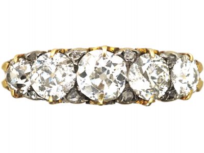 Victorian 18ct Gold, Five Stone Diamond Carved Half Hoop Ring