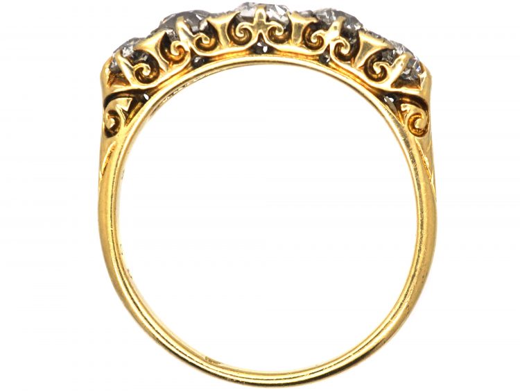 Victorian 18ct Gold, Five Stone Diamond Carved Half Hoop Ring