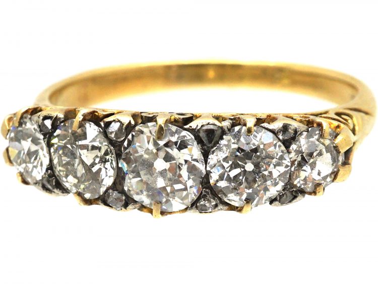 Victorian 18ct Gold, Five Stone Diamond Carved Half Hoop Ring