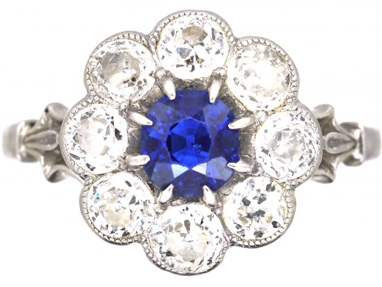 Edwardian Platinum, Sapphire & Diamond Cluster Ring with Ornate Shoulders