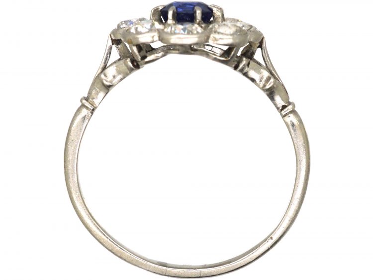 Edwardian Platinum, Sapphire & Diamond Cluster Ring with Ornate Shoulders