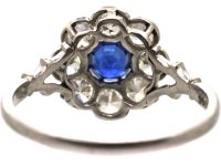 Edwardian Platinum, Sapphire & Diamond Cluster Ring with Ornate Shoulders