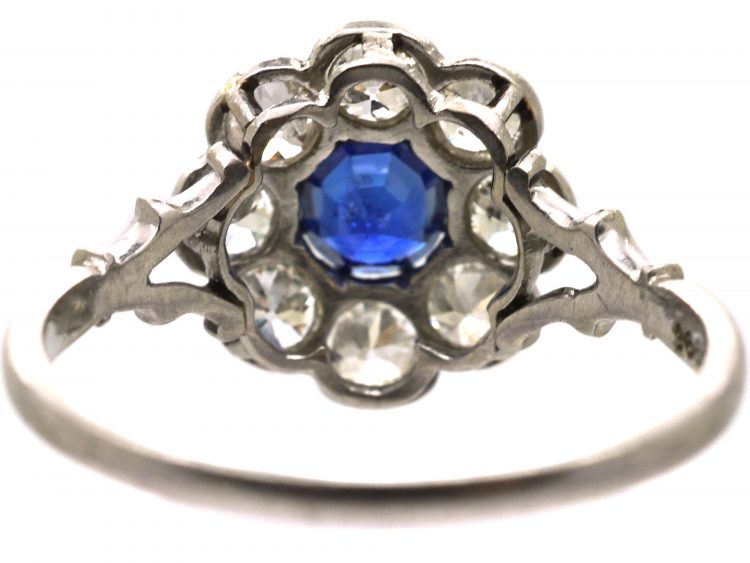 Edwardian Platinum, Sapphire & Diamond Cluster Ring with Ornate Shoulders