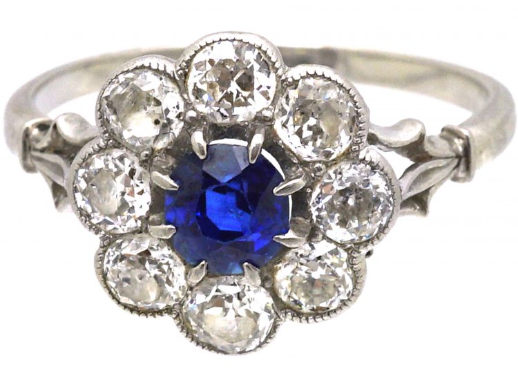 Edwardian Platinum, Sapphire & Diamond Cluster Ring with Ornate Shoulders