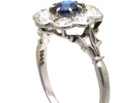 Edwardian Platinum, Sapphire & Diamond Cluster Ring with Ornate Shoulders