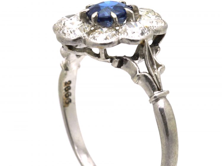 Edwardian Platinum, Sapphire & Diamond Cluster Ring with Ornate Shoulders