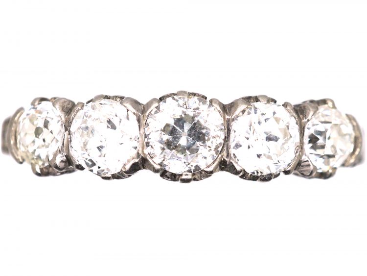 Early 20th Century Platinum Five Stone Diamond Ring with Diamond Set Shoulders