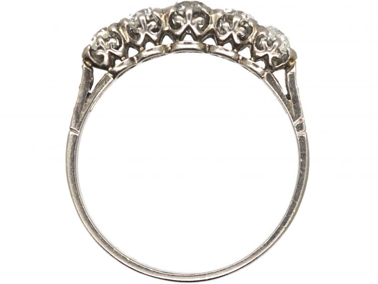 Early 20th Century Platinum Five Stone Diamond Ring with Diamond Set Shoulders