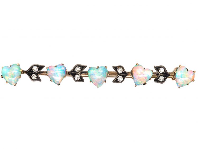 Edwardian 15ct Gold & Silver Brooch set with Five Heart Shaped Opals & Diamonds