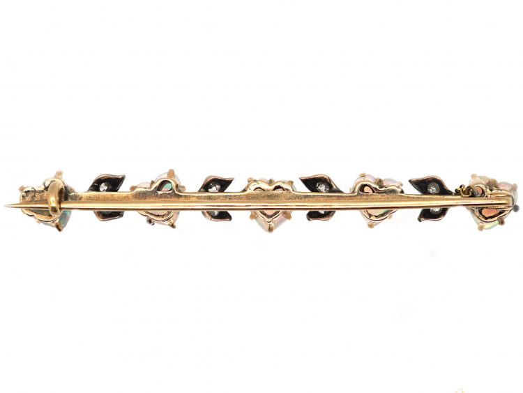 Edwardian 15ct Gold & Silver Brooch set with Five Heart Shaped Opals & Diamonds