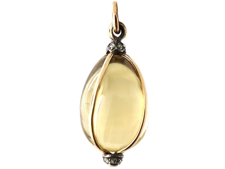 Edwardian 9ct Gold & Silver & Rose Diamond Citrine Egg Pendant