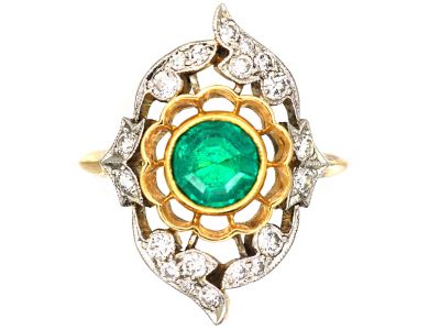 French Belle Epoque 18ct Gold & Platinum, Emerald & Diamond Flower Ring