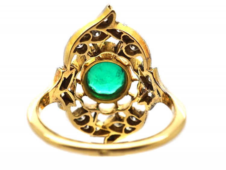 French Belle Epoque 18ct Gold & Platinum, Emerald & Diamond Flower Ring