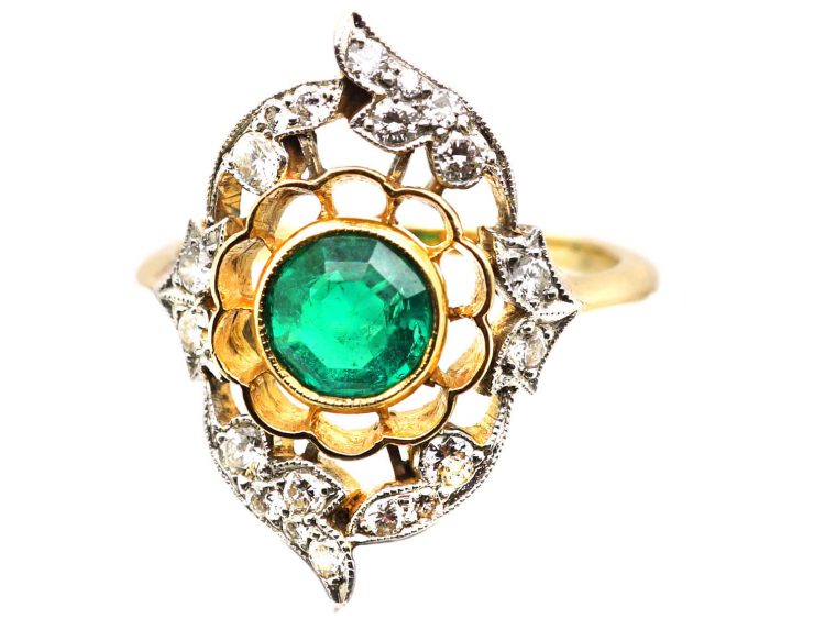 French Belle Epoque 18ct Gold & Platinum, Emerald & Diamond Flower Ring