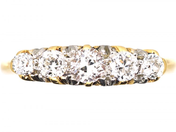 Edwardian 18ct Gold, Five Stone Diamond Carved Half Hoop Ring