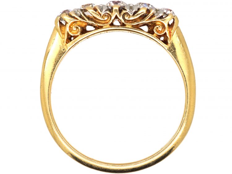 Edwardian 18ct Gold, Five Stone Diamond Carved Half Hoop Ring