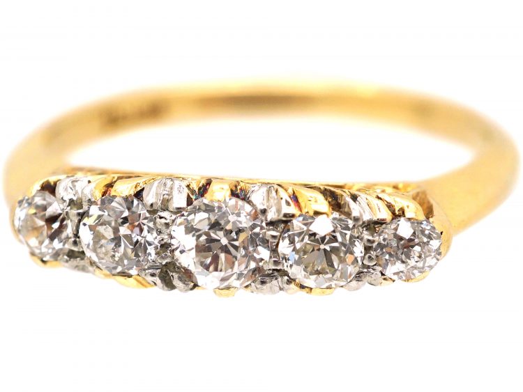 Edwardian 18ct Gold, Five Stone Diamond Carved Half Hoop Ring
