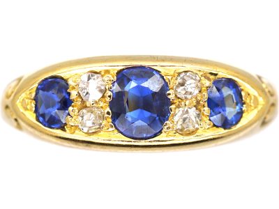 Victorian 18ct Gold, Sapphire & Diamond Three Stone Boat Shaped Ring