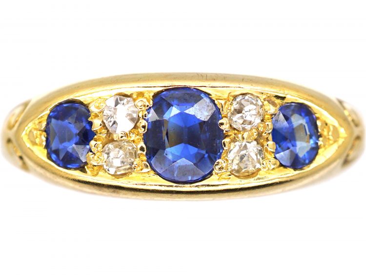 Victorian 18ct Gold, Sapphire & Diamond Three Stone Boat Shaped Ring