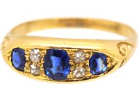 Victorian 18ct Gold, Sapphire & Diamond Three Stone Boat Shaped Ring