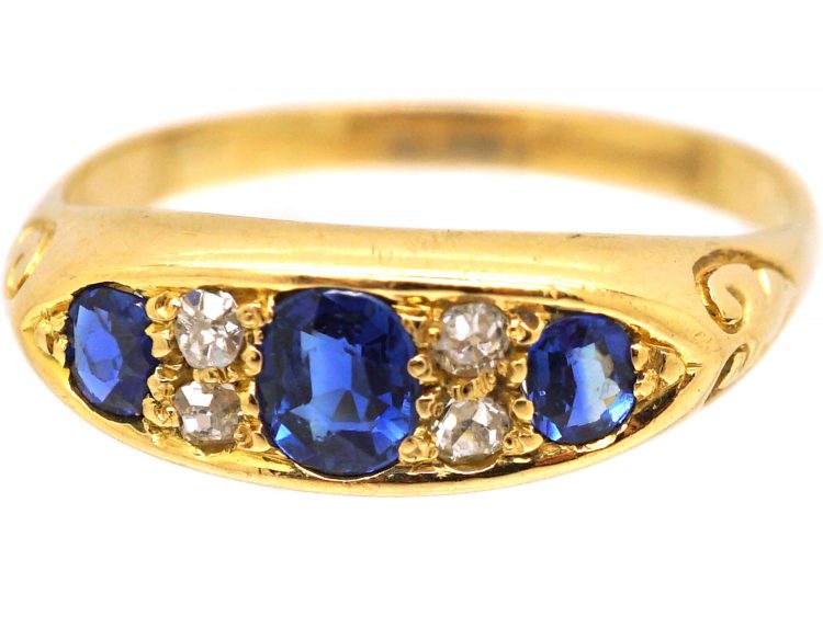 Victorian 18ct Gold, Sapphire & Diamond Three Stone Boat Shaped Ring