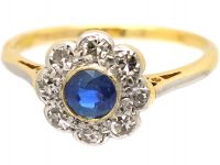 Edwardian 18ct Gold & Platinum, Sapphire & Diamond Cluster Ring