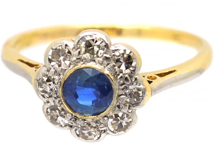 Edwardian 18ct Gold & Platinum, Sapphire & Diamond Cluster Ring