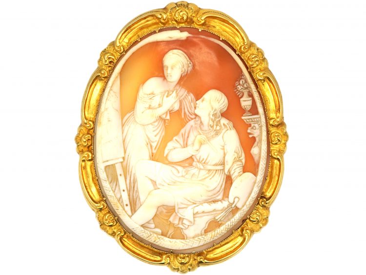 Victorian Large 18ct Gold Shell Cameo Brooch of an Artist & His Muse