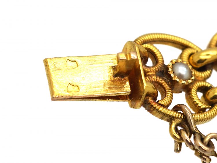 French Late 19th Century 18ct Gold Bracelet set with Cabochon Sapphires & Natural Split Pearls
