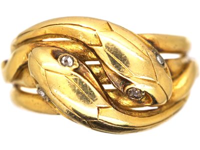 French 19th Century 18ct Gold Double Snake Ring with Diamond Eyes